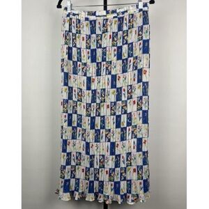 Vtg Graff Blue White Checker Floral Pull On Elastic Waist Sheer Maxi Skirt 14
